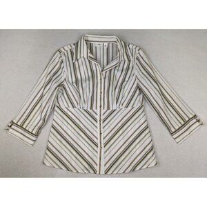 CATO - WOMEN'S WHITE GRAY GOLD STRIPED 3/4 SLEEVE BUTTON-UP TOP - M